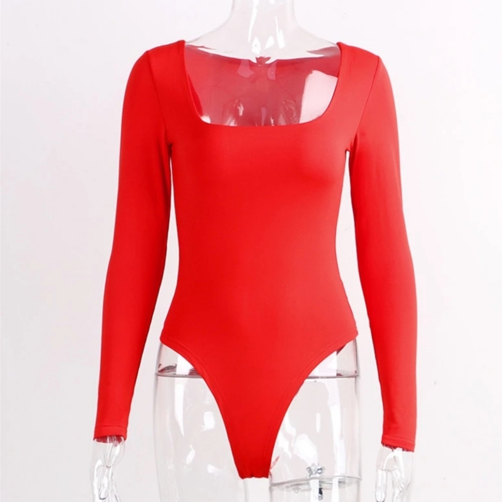 New Red Long Sleeves Cozy Square Neck Bodysuit - Picture 2 of 8